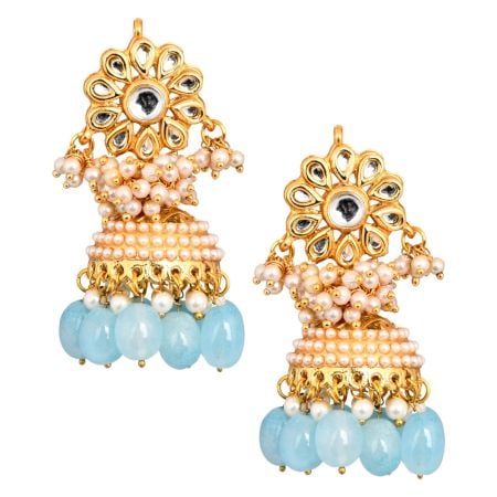 Floral Mirror Petal Earrings with Pearl & Blue Bead Drops Pair